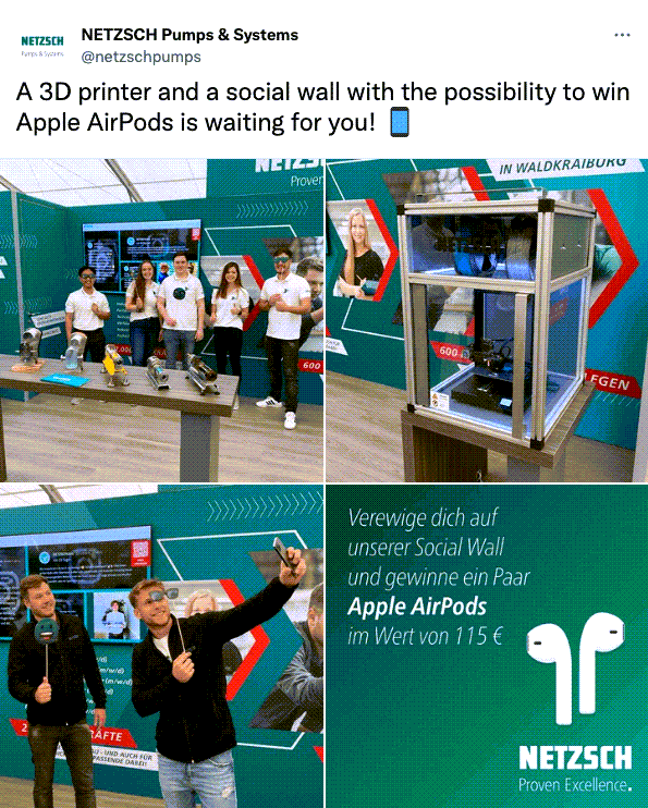 Netzsch-Tweet, der Event-UGC auf einer Social-Wall-Aktion für einen AirPods-Preis fördert.