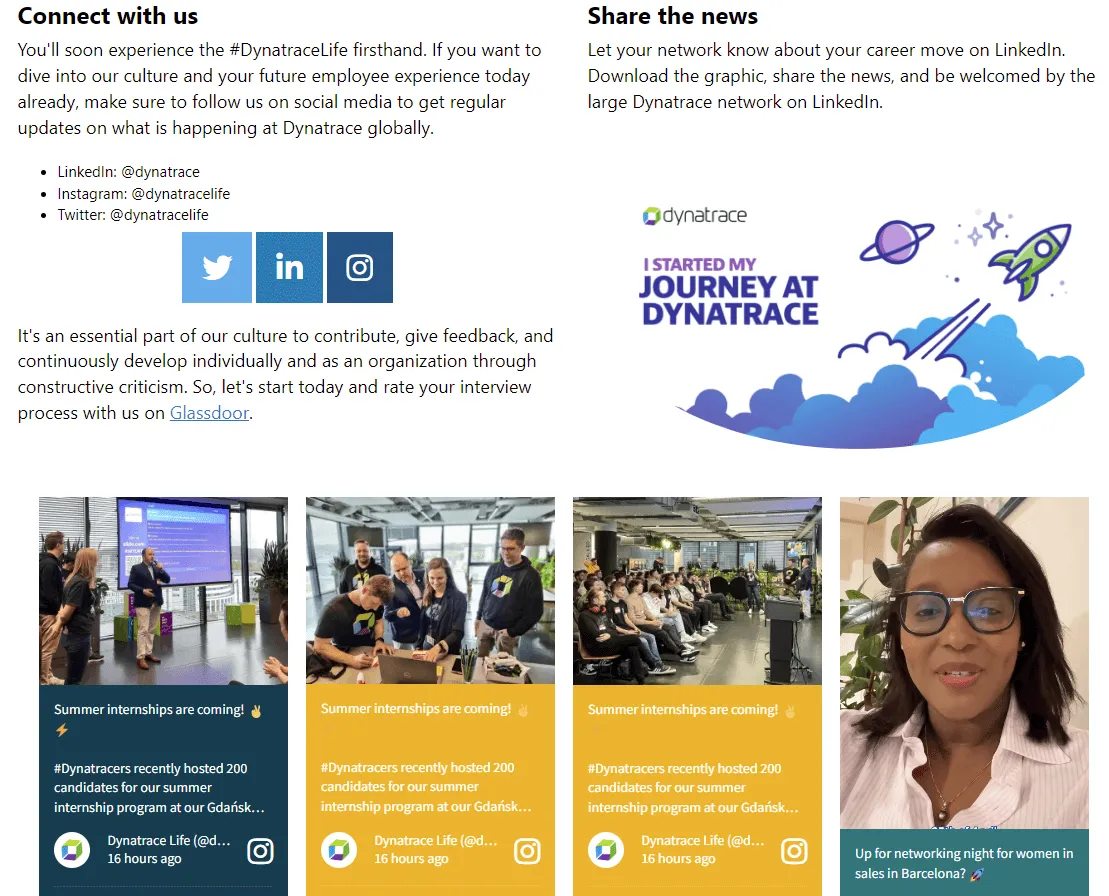 Screenshot einer auf einer Website eingebetteten Dynatrace-Employer-Branding-Social-Wall.