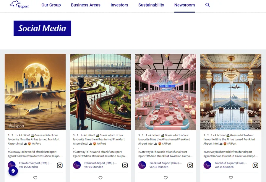 Screenshot der Website des Frankfurter Flughafens mit einem Social-Media-Newsroom, der mit einer Social Wall erstellt wurde
