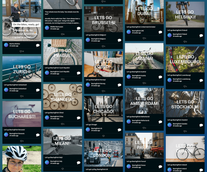 Ein Social-Media-Feed im Kachel-Layout mit Beiträgen aus verschiedenen Städten weltweit, die unter dem Motto „Let’s go“ Aktivitäten und Eindrücke zeigen.