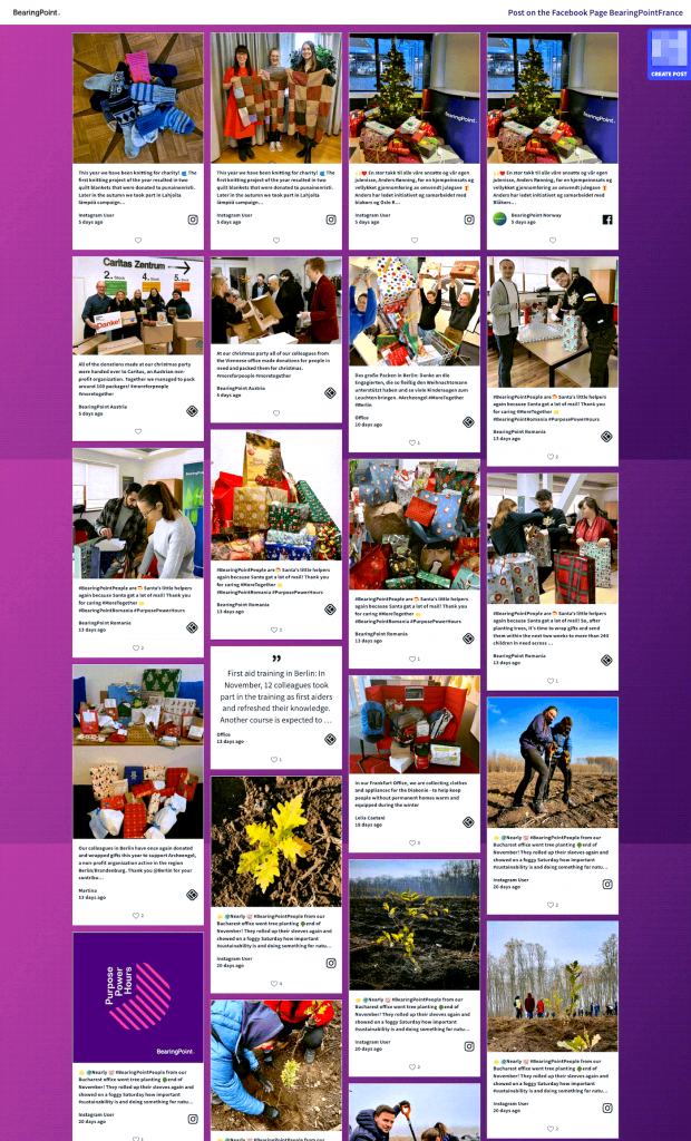 Ein Social-Media-Feed im Kachel-Layout mit Beiträgen über wohltätige Aktionen, Spenden und gemeinschaftliches Engagement von Mitarbeitenden.