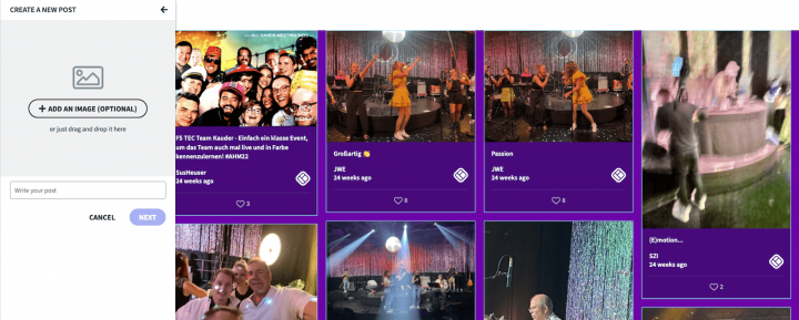 Eine Benutzeroberfläche zum Erstellen eines neuen Beitrags mit Upload-Option für Bilder und Texteingabe.