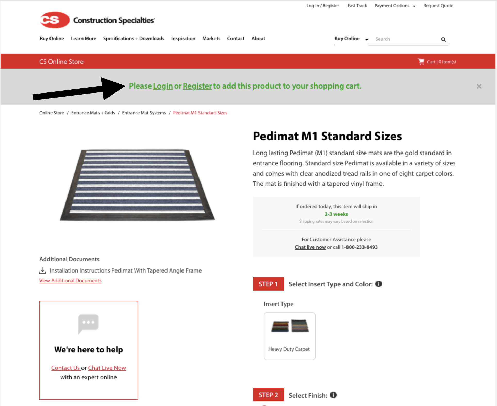 construction specialties ecommerce navigation