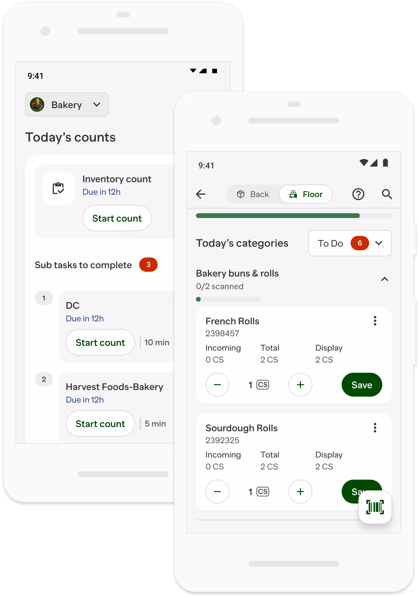 Two mobile screens showing inventory management app with today's counts, tasks, and bakery items like French and sourdough rolls to scan and adjust quantities.