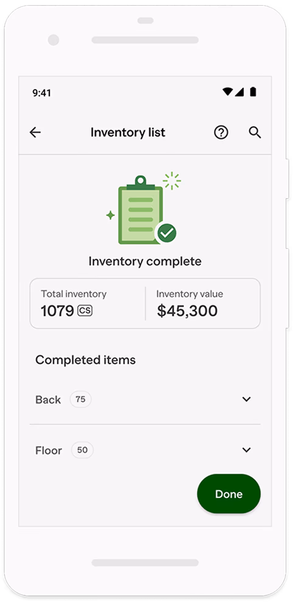 Mobile screen showing an inventory list marked complete with total inventory of 1079 cases and inventory value of $45,300, listing 75 completed items under Back and 50 under Floor with a Done button.
