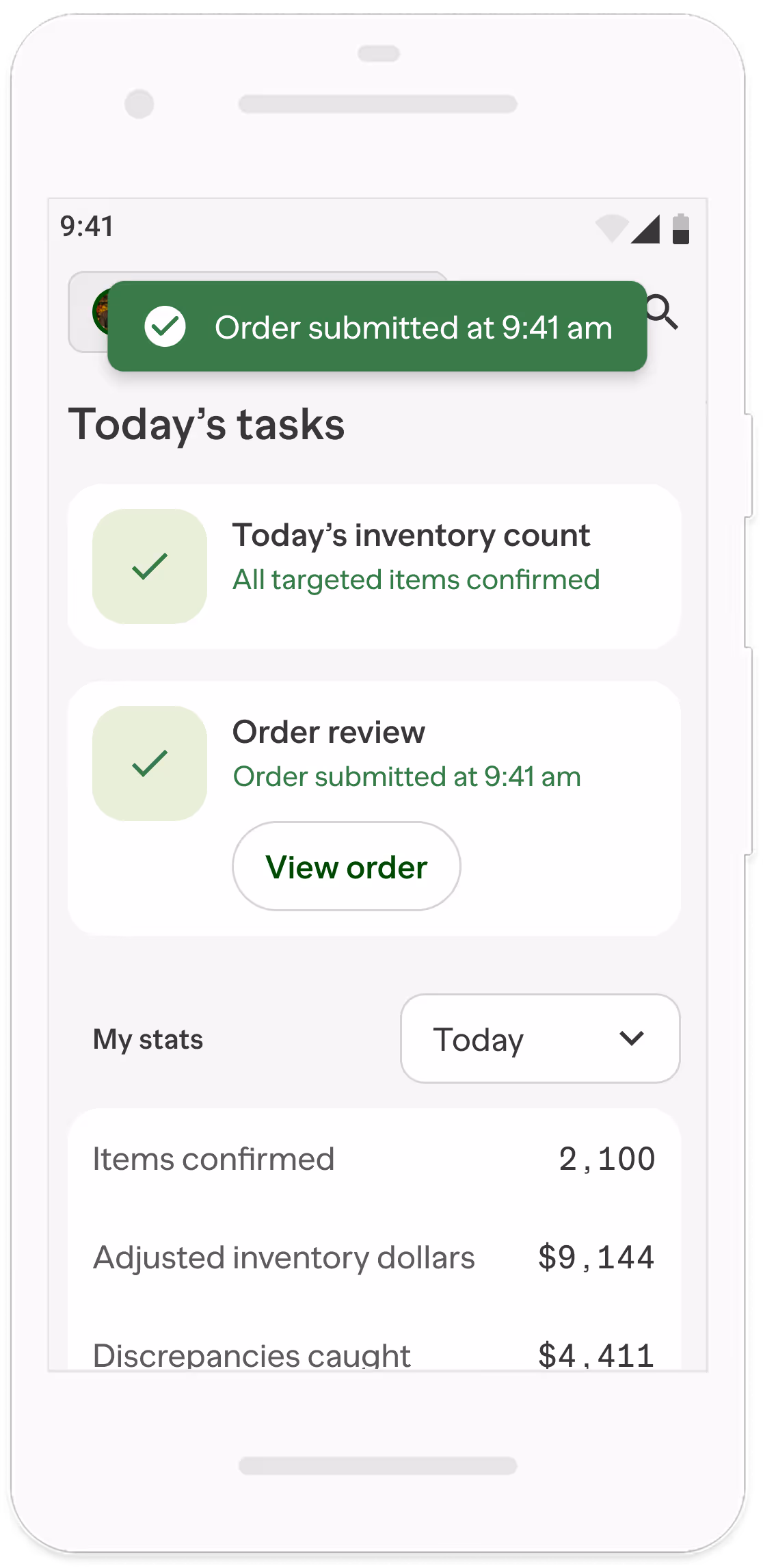 Mobile screen showing a task list with completed checkmarks for today's inventory count and order review, and a confirmation message at the top stating order submitted at 9:30 am.