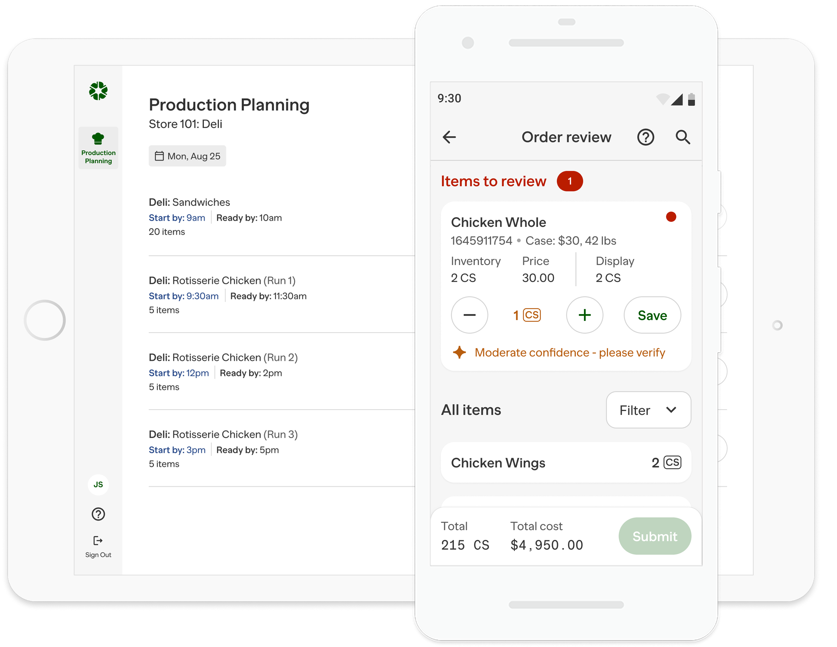 Two mobile screens showing an inventory counting app with tasks including starting counts and order review confirmations.