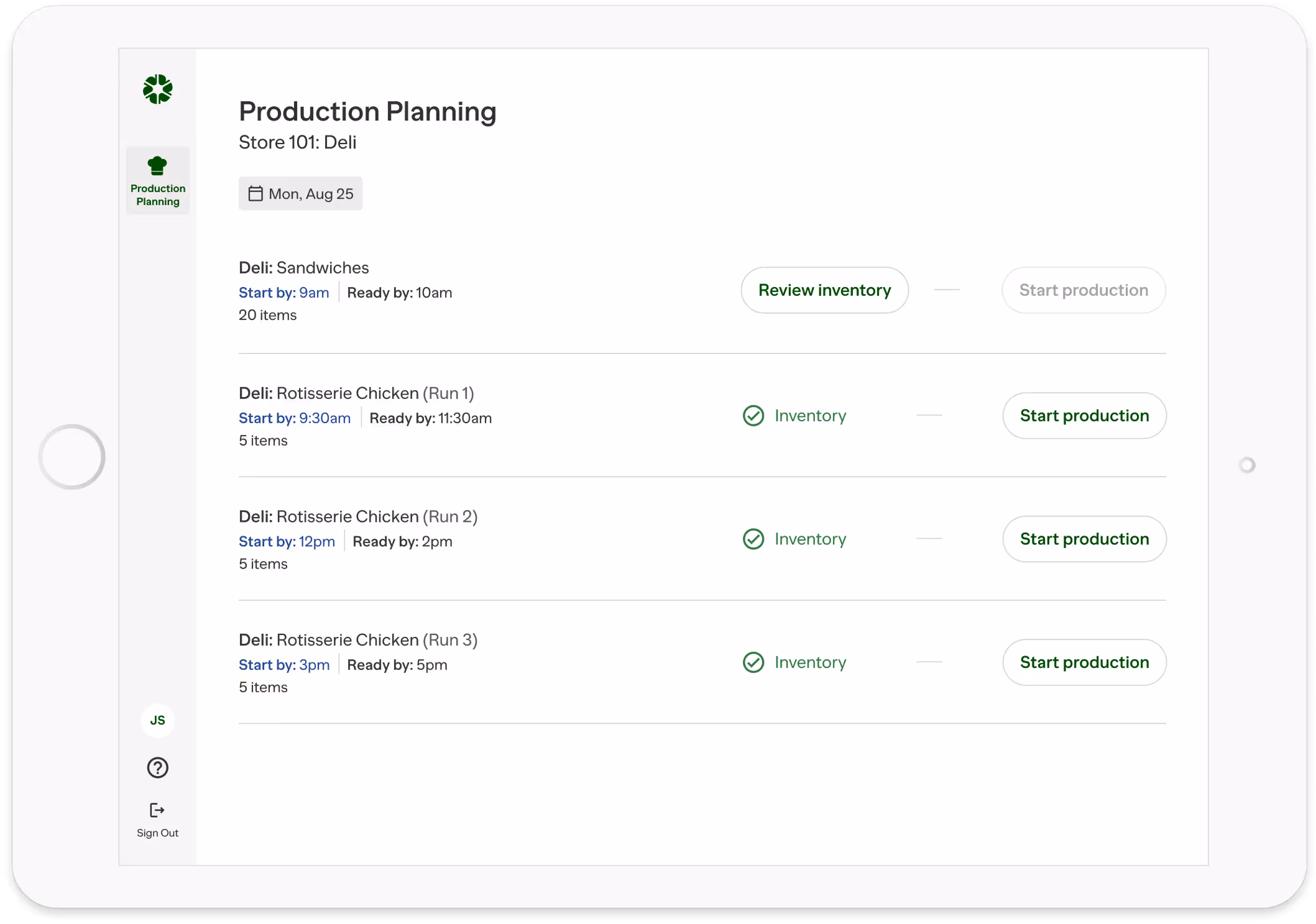 Tablet screen showing production planning for Store 101: Deli with scheduled items including sandwiches and three rotisserie chicken runs with start times, ready times, inventory status, and production start buttons.
