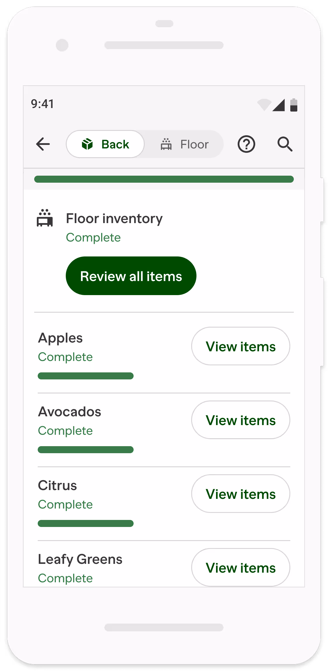 Mobile screen showing an inventory list with inventory complete message, total inventory of 1079 cases, inventory value of $45,300, and completed items categorized as Back with 75 items and Floor with 50 items, with a green Done button.