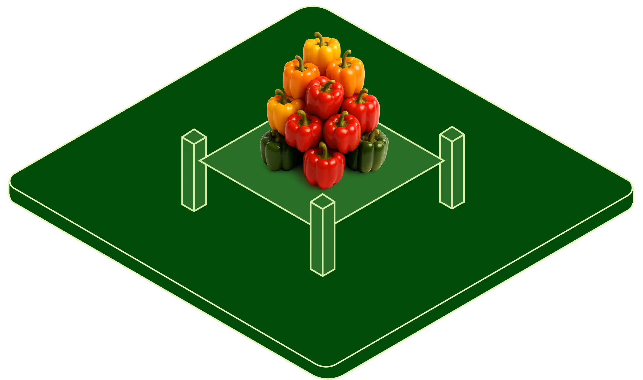 Pile of red, yellow, orange, and green bell peppers stacked in a pyramid shape on a green platform with four outlined pillars.
