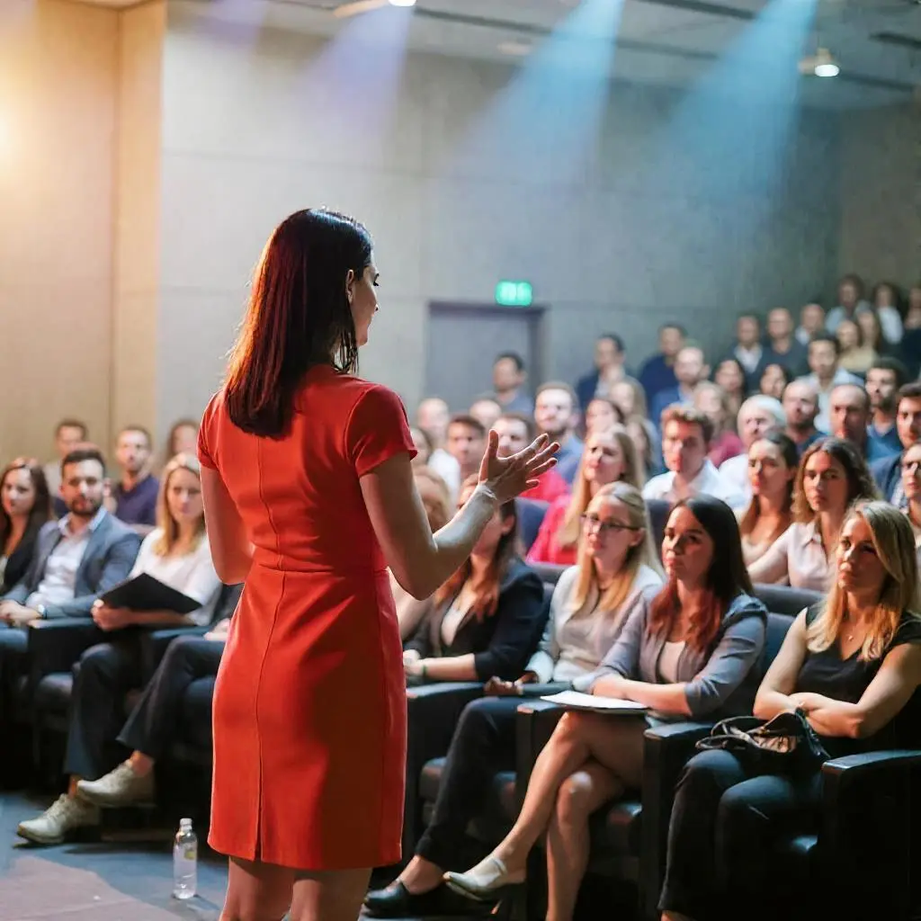 Female CEO leading a sales kick-off for growing sales team in auditorium