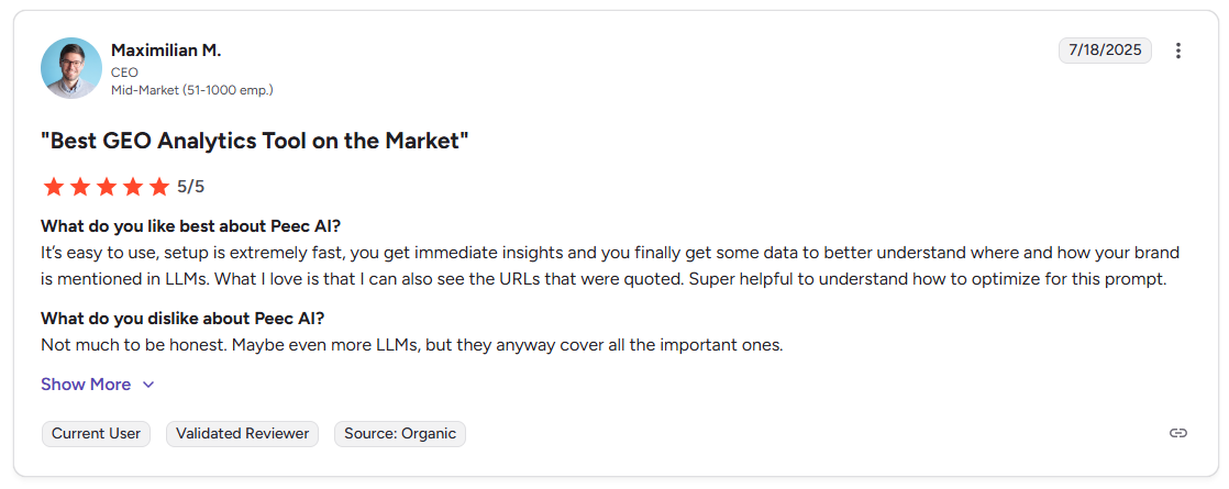 Peec AI Positive review