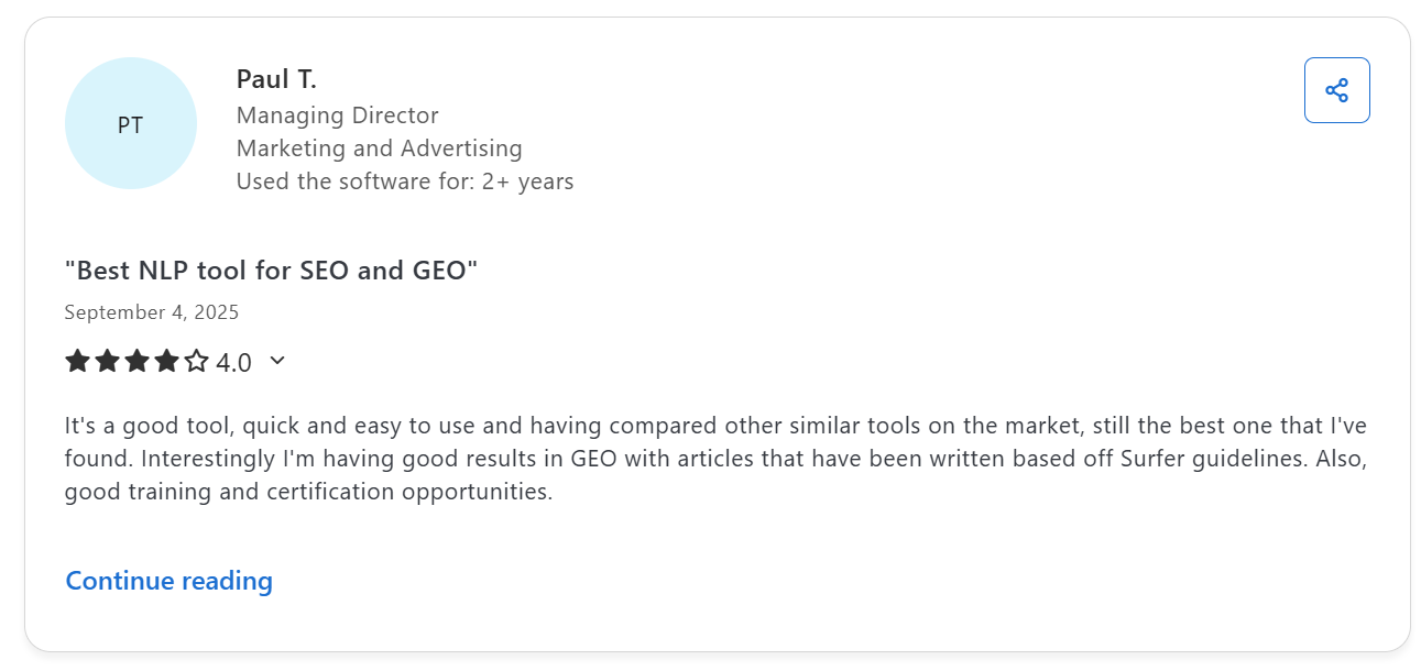 Surfer SEO customer reviews