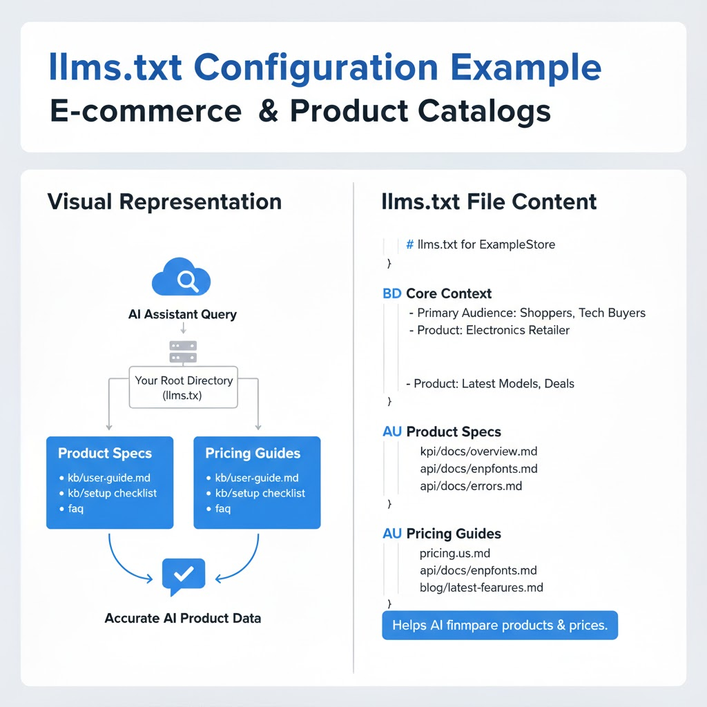 A screenshot. A llms.txt configuration example for ecommerce and product catalogs