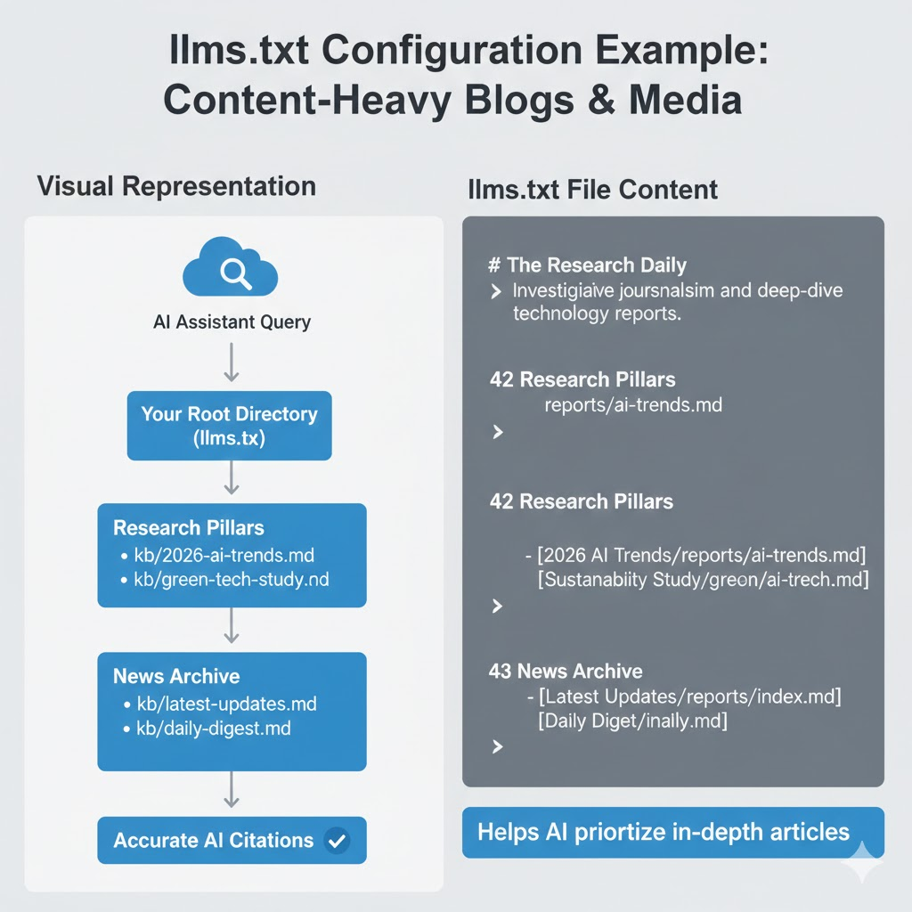 A screenshot. A llms.txt configuration example for content-heavy blogs and media