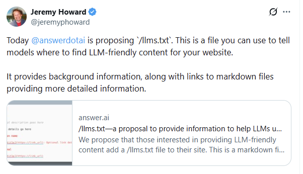 A X.com screenshot proposing the use of llms.txt file by the Co-founder of Answer.ai