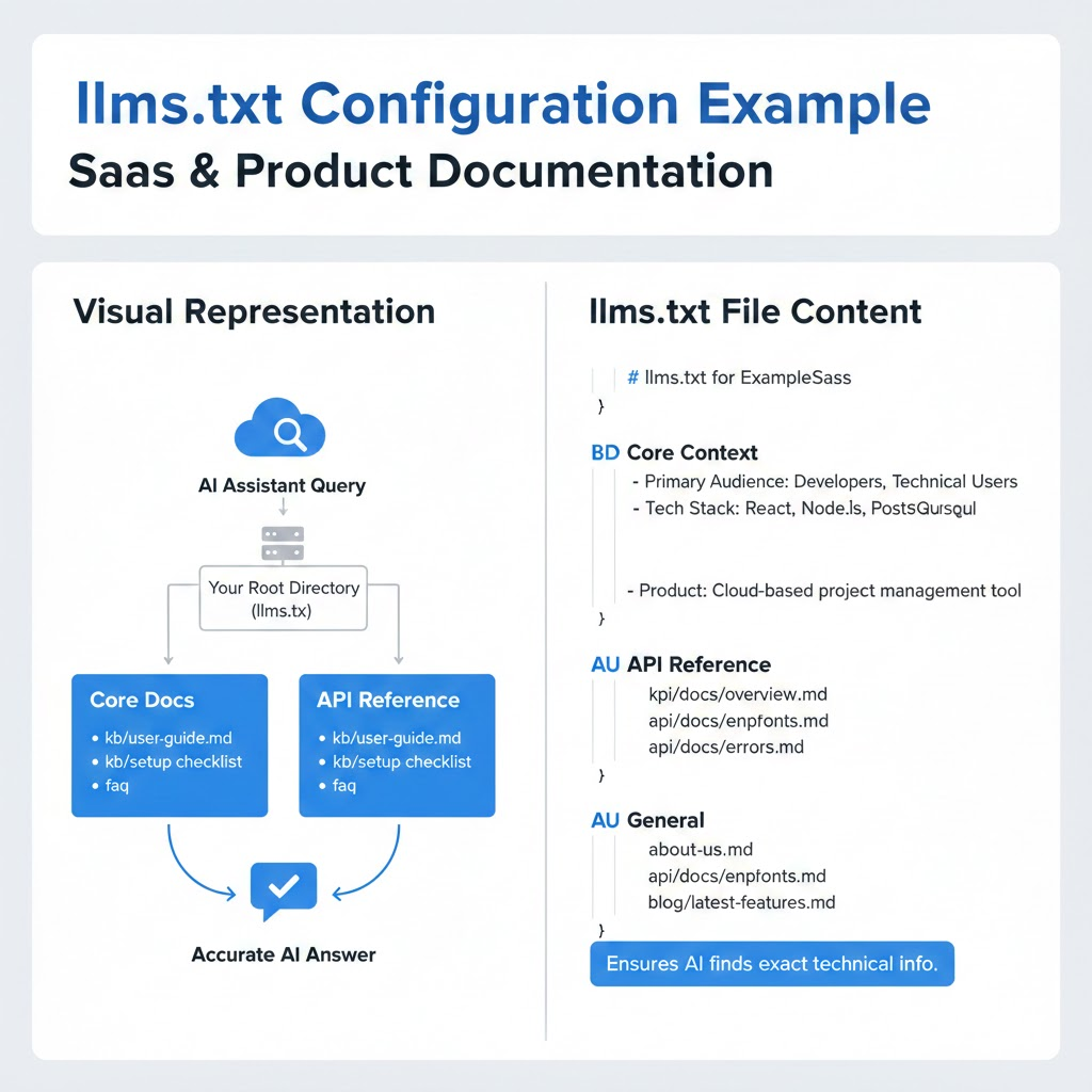 A screenshot. A llms.txt configuration example for SaaS and product documentation.