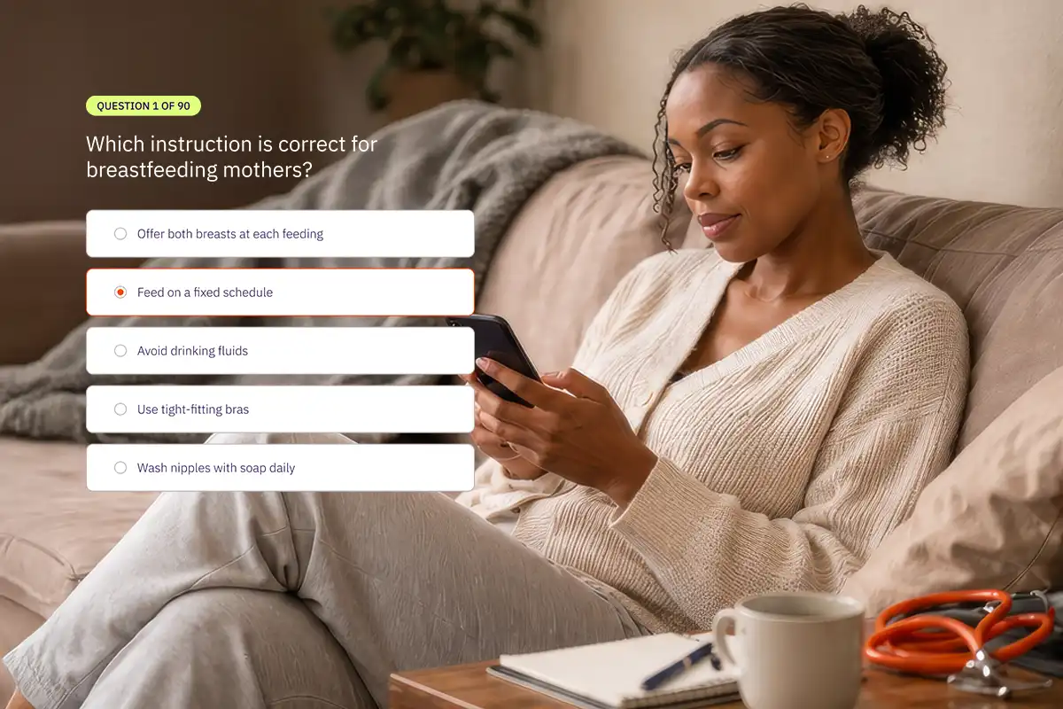 Nursing student using a smartphone to take a mobile-friendly NCLEX-RN practice exam at home.