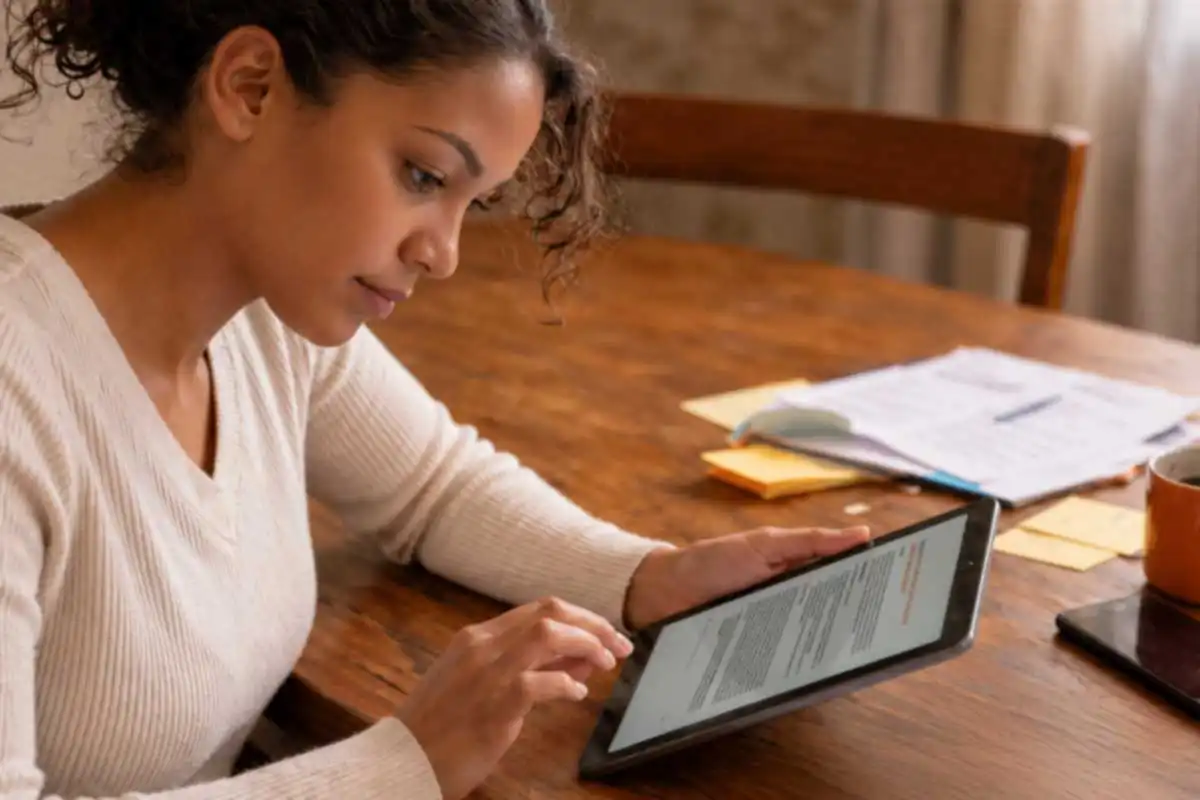 Aspiring registered nurse studying condensed NCLEX-RN exam prep guides on a tablet with coffee.