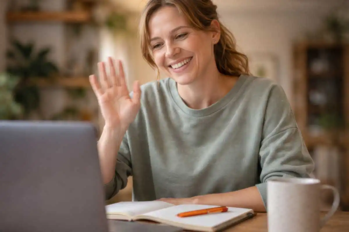 Student nurse waving during a one-on-one online NCLEX-RN tutoring session with an Achieve mentor.