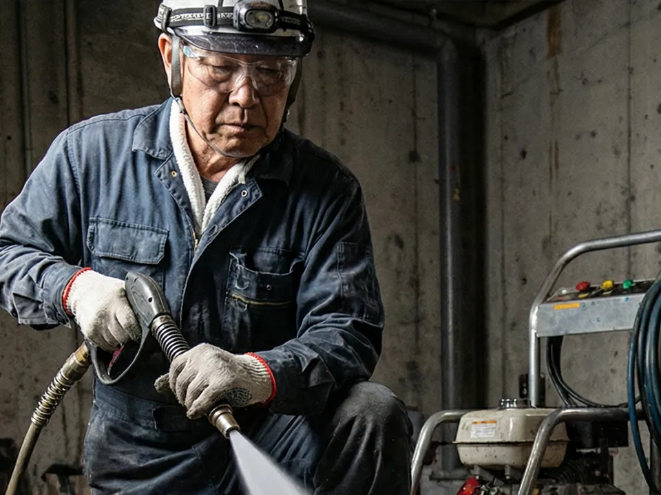 Wastewater operator wearing a high-visibility vest closely examining a tablet in an industrial setting.
