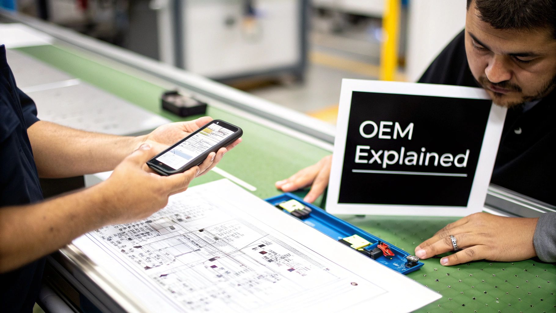Two workers reviewing OEM manufacturing blueprints and electronic components on factory workbench with tablet