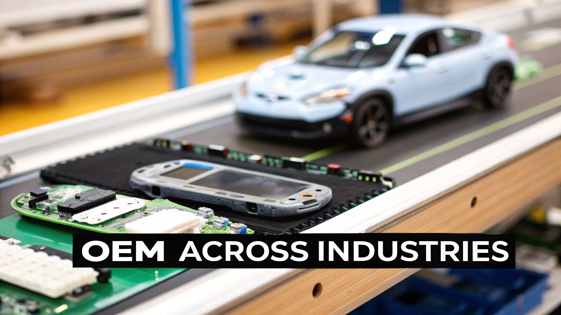 OEM manufacturing concept showing disassembled electronics, circuit boards, and white toy car on workbench