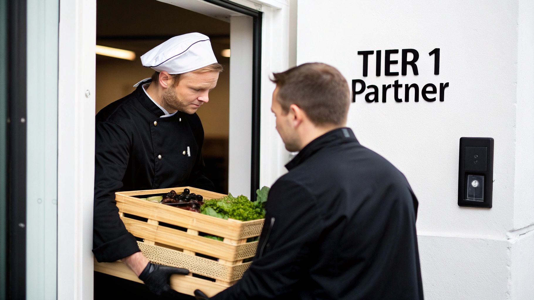 Chef in white hat delivering fresh produce crate to tier 1 partner representative