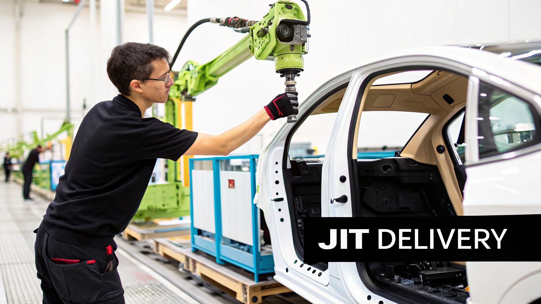 Manufacturing worker operating robotic arm for JIT delivery in automotive assembly facility