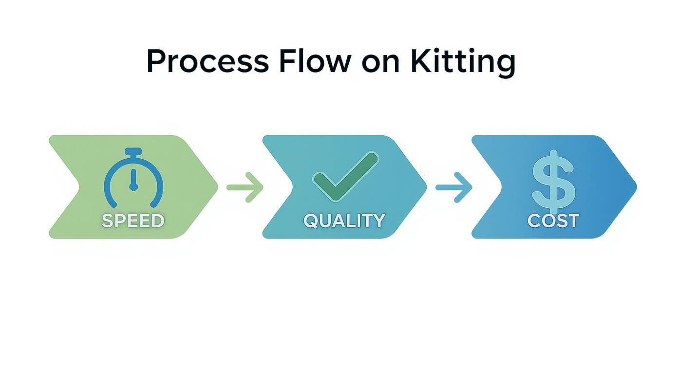 A process flow diagram illustrating kitting, focusing on speed, quality, and cost.