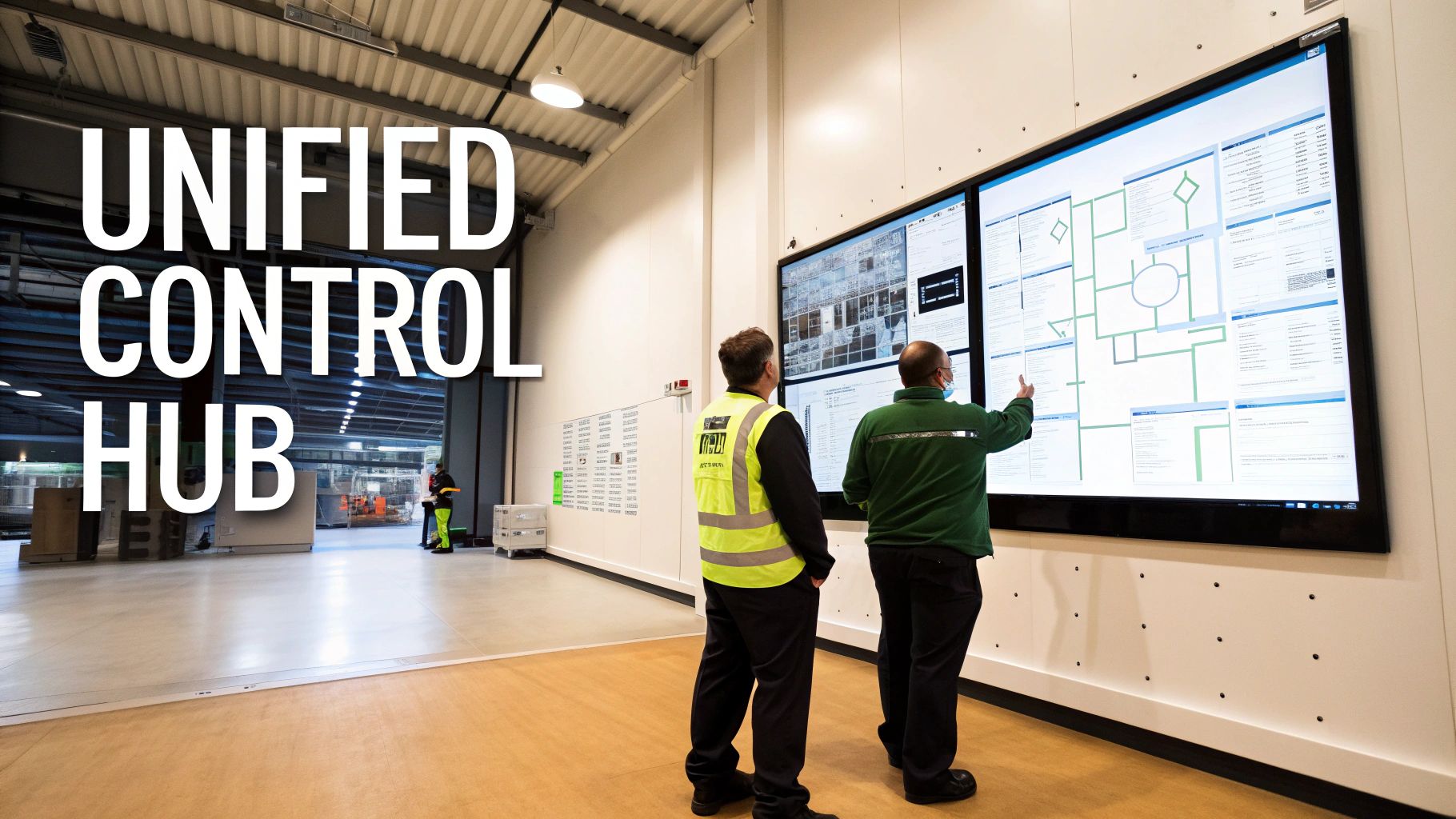 Men in a "Unified Control Hub" examining a large digital screen with a system interface.