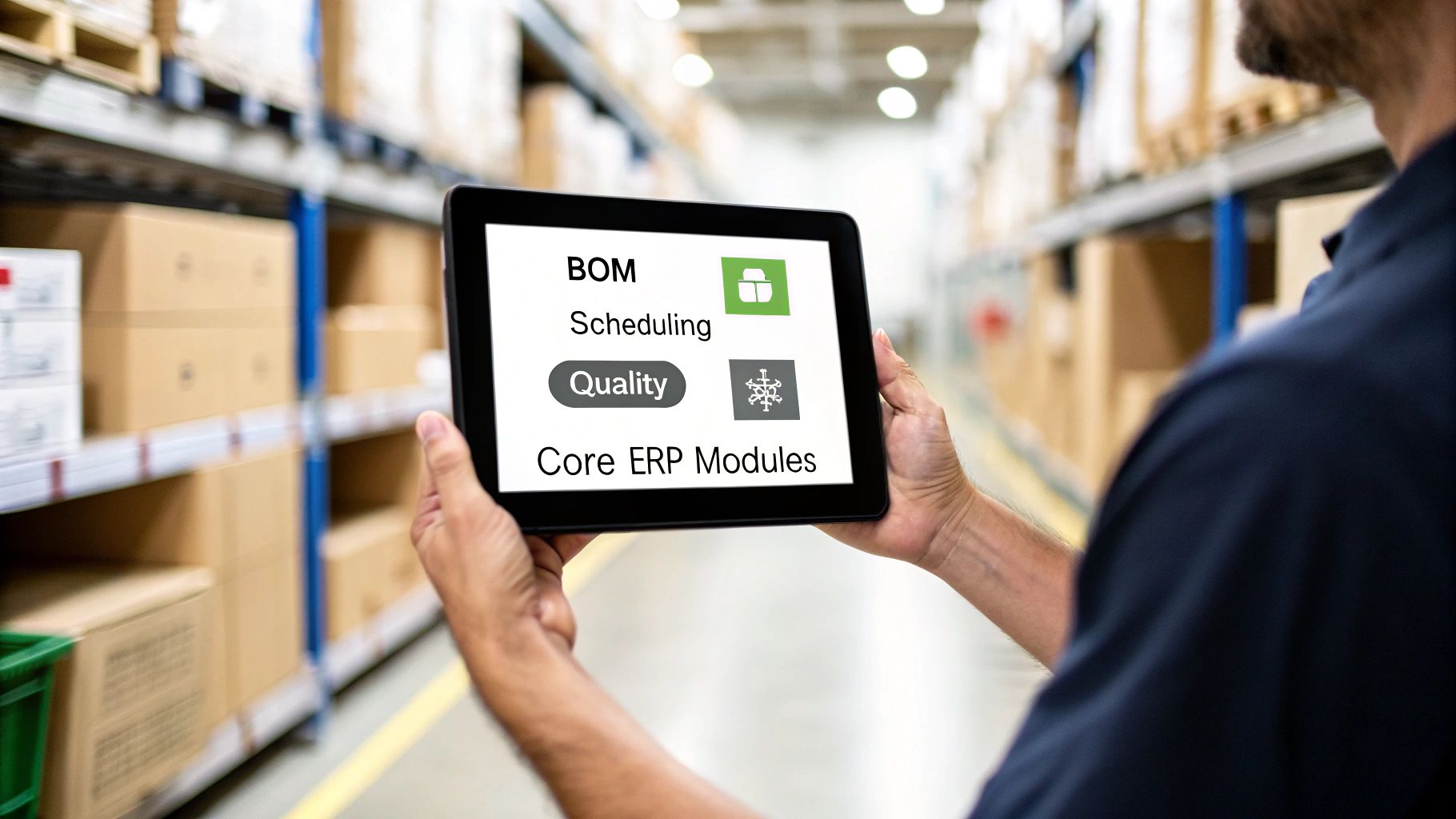 A worker in a warehouse holding a tablet displaying ERP modules for manufacturing.