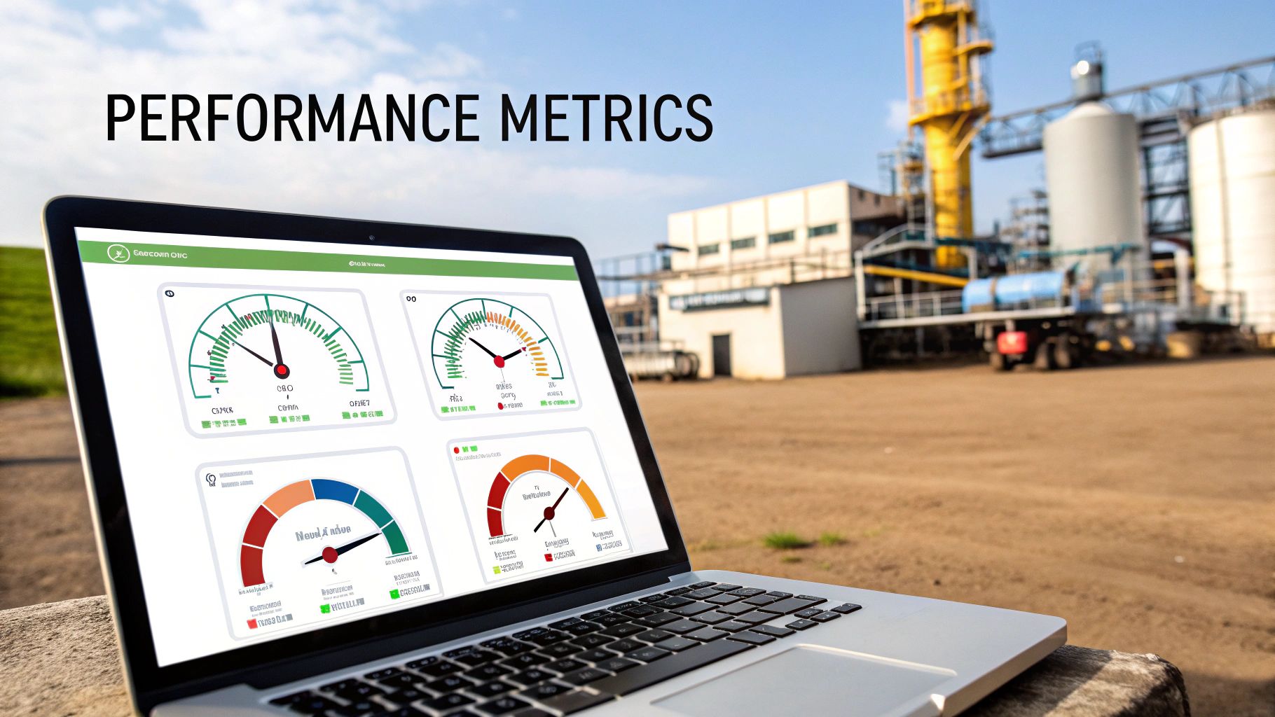 Laptop displaying performance metrics dashboards with an industrial manufacturing facility in the background.