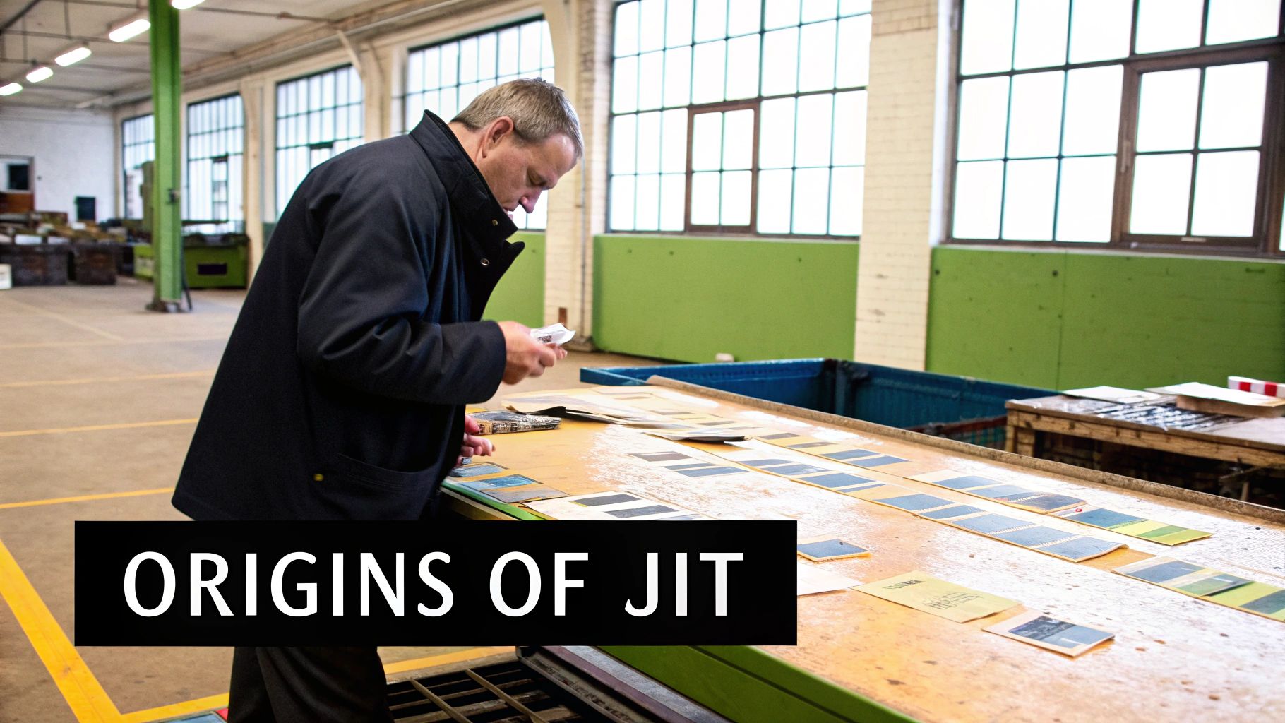 A man in a black jacket examining paper samples on a long wooden table in a spacious industrial workshop.