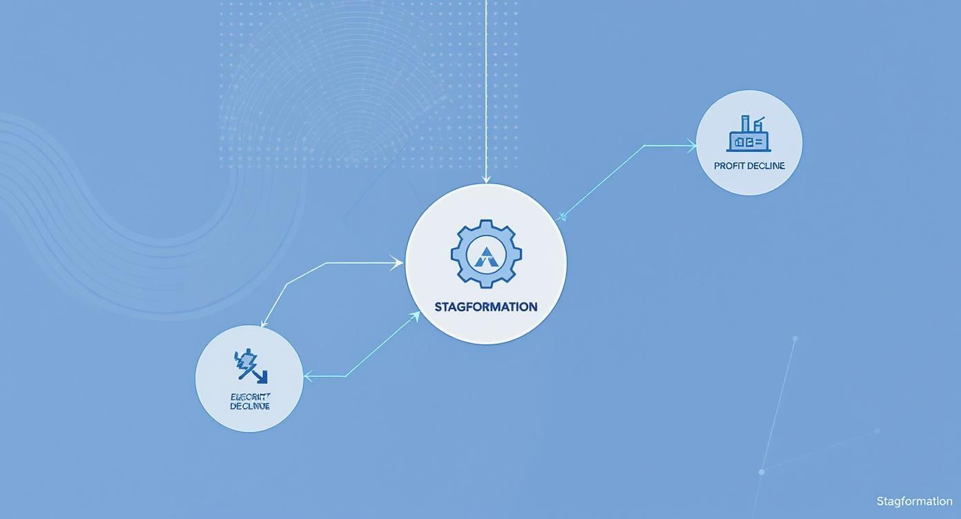 A flowchart diagram showing 'Stagformation' leading to 'Profit Decline' and 'Elegorit Decline'.