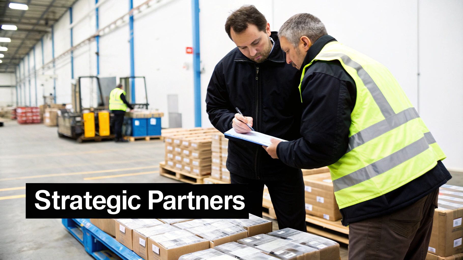 Two men, one in a high-visibility vest, reviewing documents on a clipboard in a warehouse with stacked boxes.