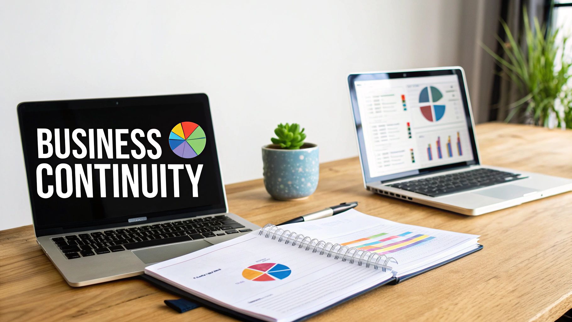 A desk with two laptops, an open notebook showing charts, and a plant, symbolizing business continuity planning.