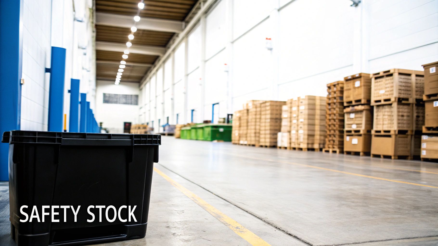 A large industrial warehouse aisle with stacks of boxes, pallets, and a black safety stock bin.