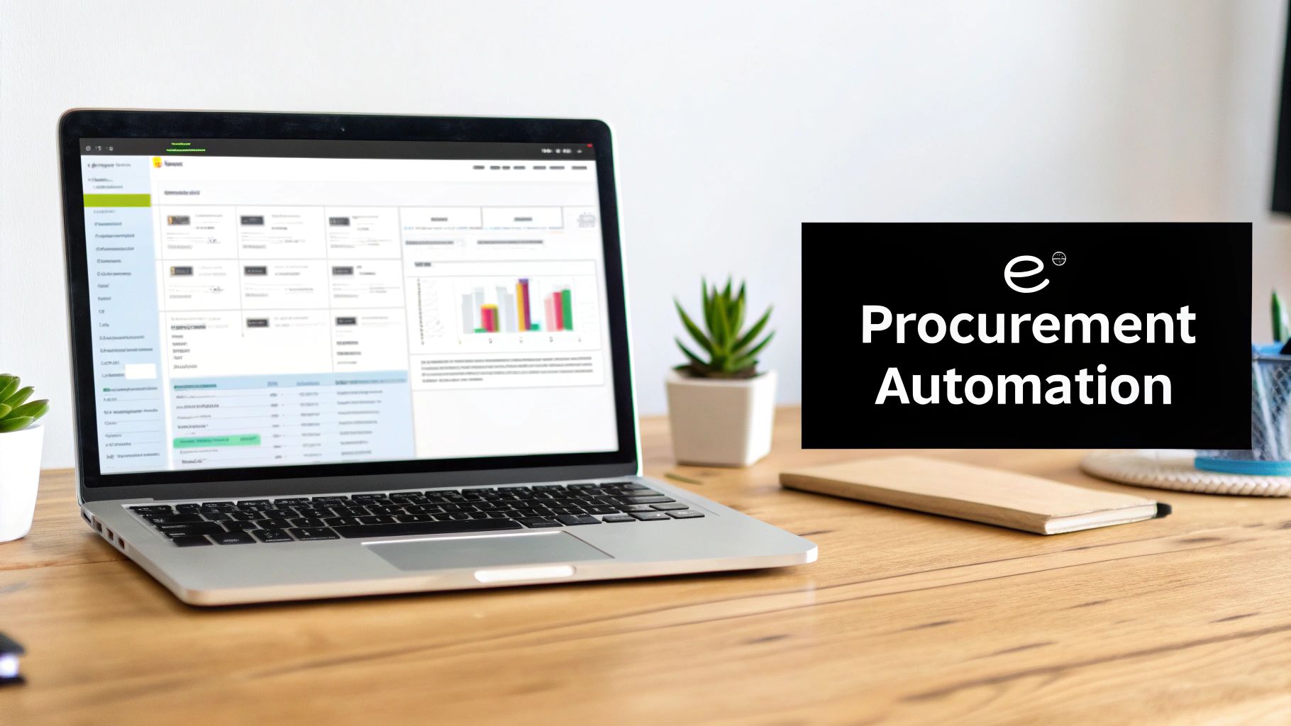 A laptop on a wooden desk displays procurement automation software, next to a plant and a notebook, with text 'e® Procurement Automation'.