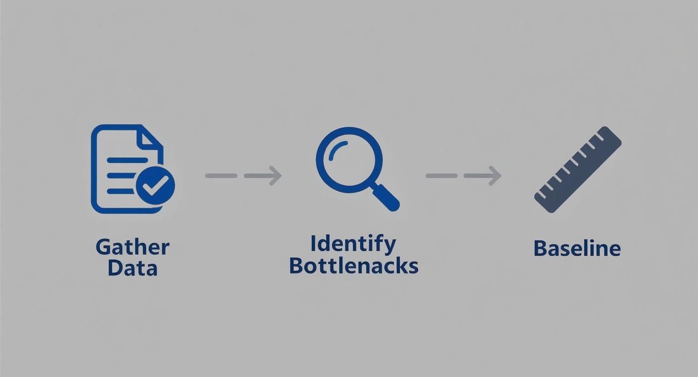 Illustrative process: gather data, identify bottlenecks, and establish a baseline for improvement.