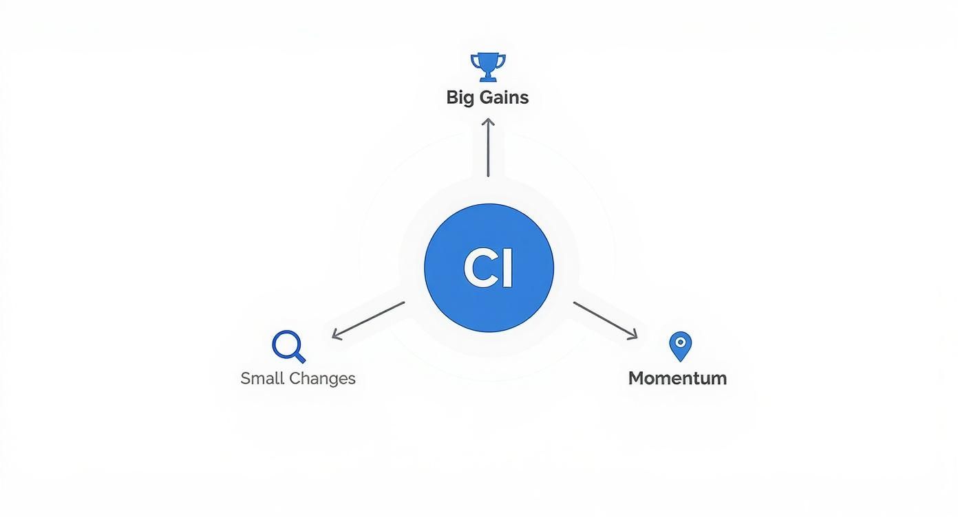 Diagram showing Continuous Improvement (CI) driving Big Gains, Small Changes, and Momentum.