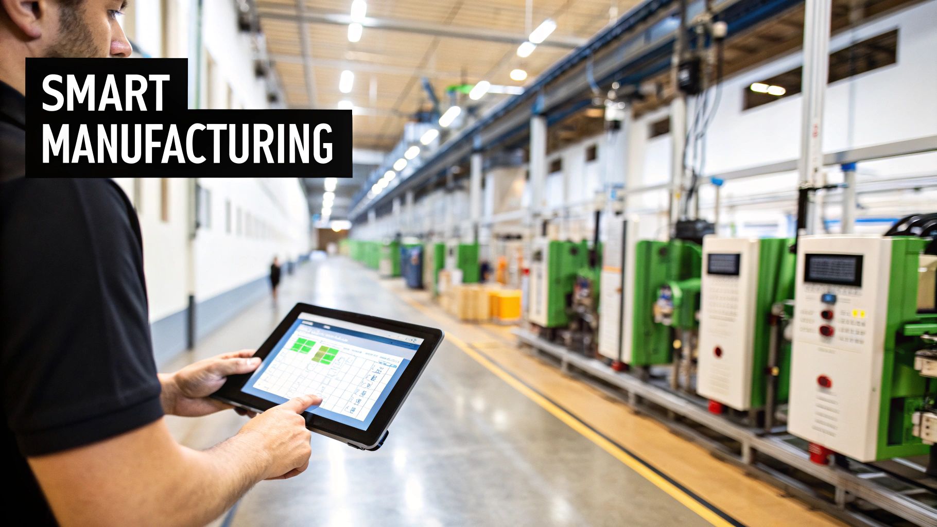 A man uses a tablet to monitor smart manufacturing processes in a modern factory.