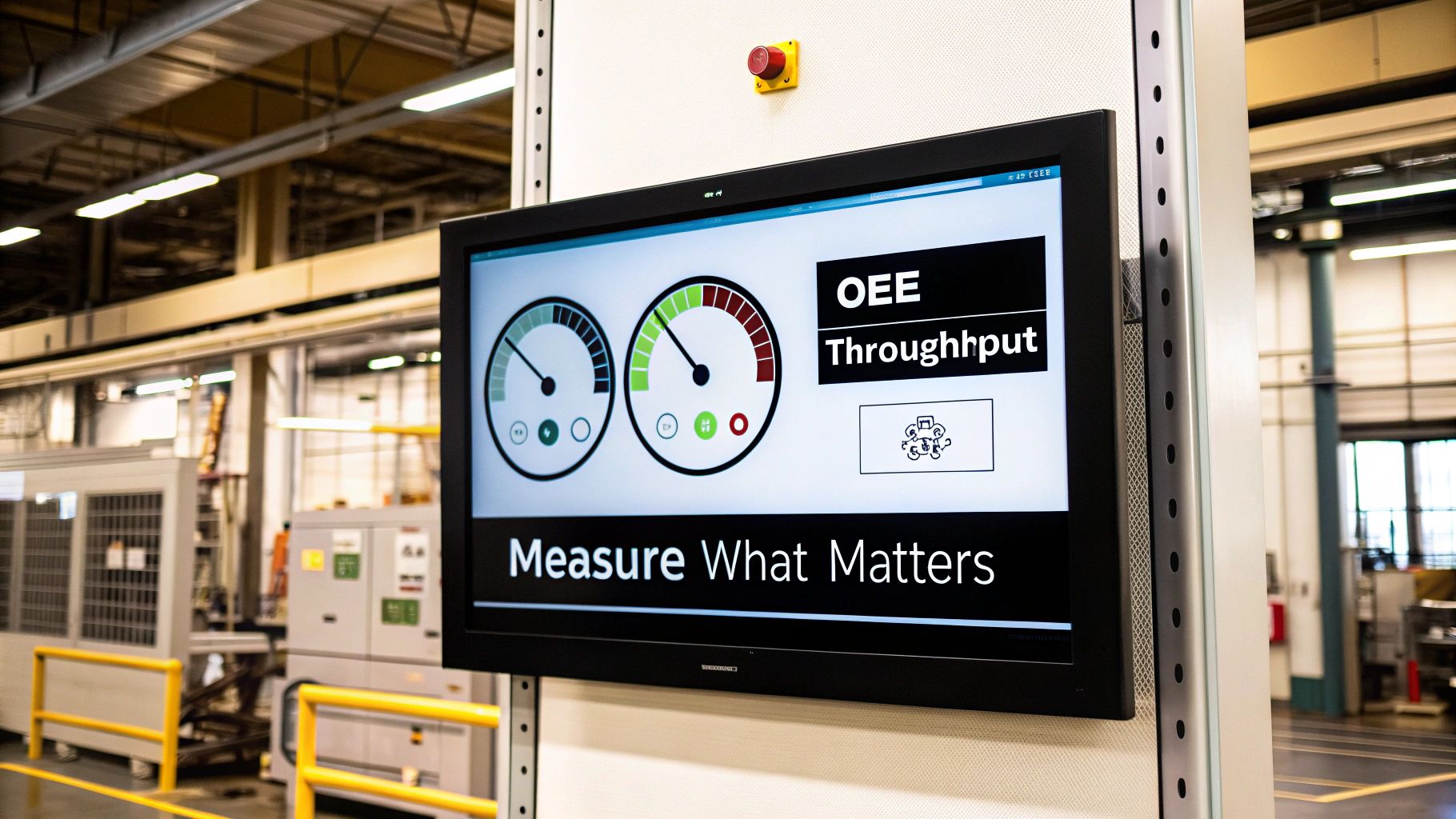 Digital display showing OEE and Throughput gauges in a manufacturing facility.