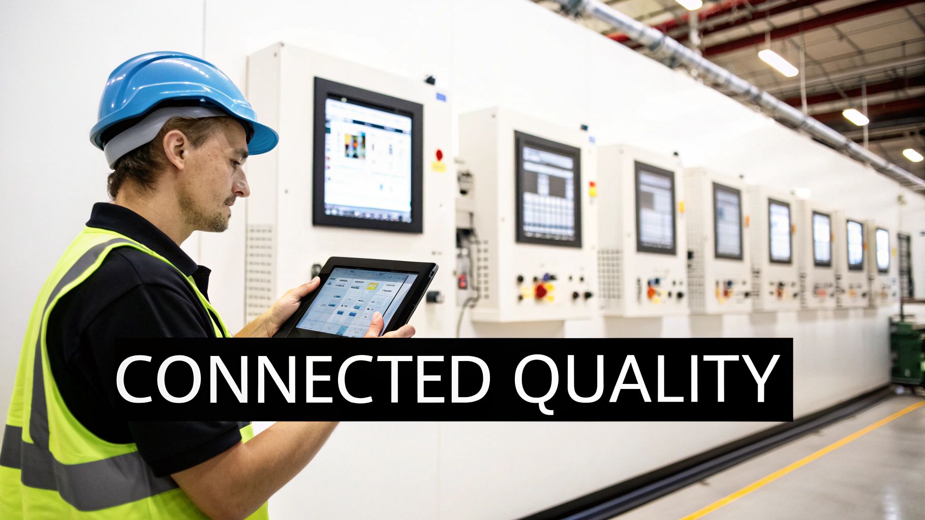 Engineer in safety gear uses a tablet to monitor manufacturing quality on a factory floor.