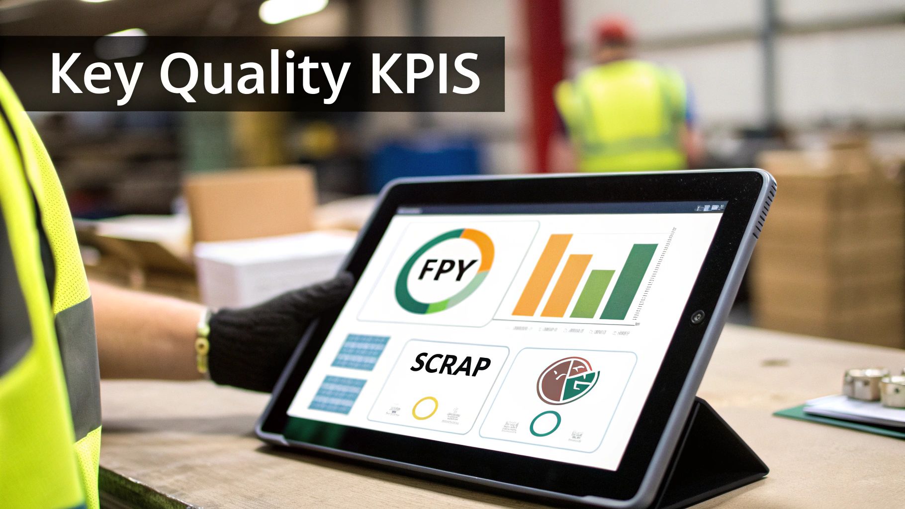 A factory worker monitoring key quality performance indicators on a digital tablet in a warehouse.