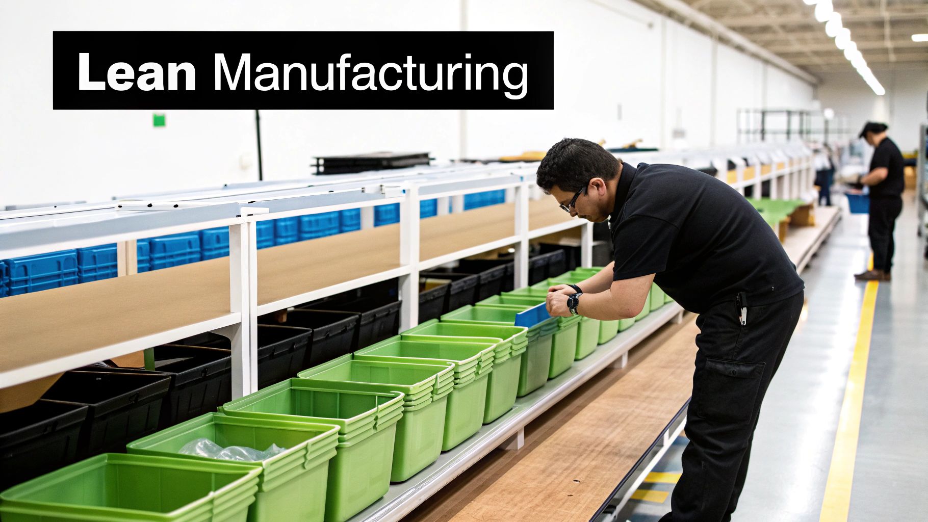 A worker in a modern manufacturing facility inspecting green bins on an assembly line, demonstrating lean processes.