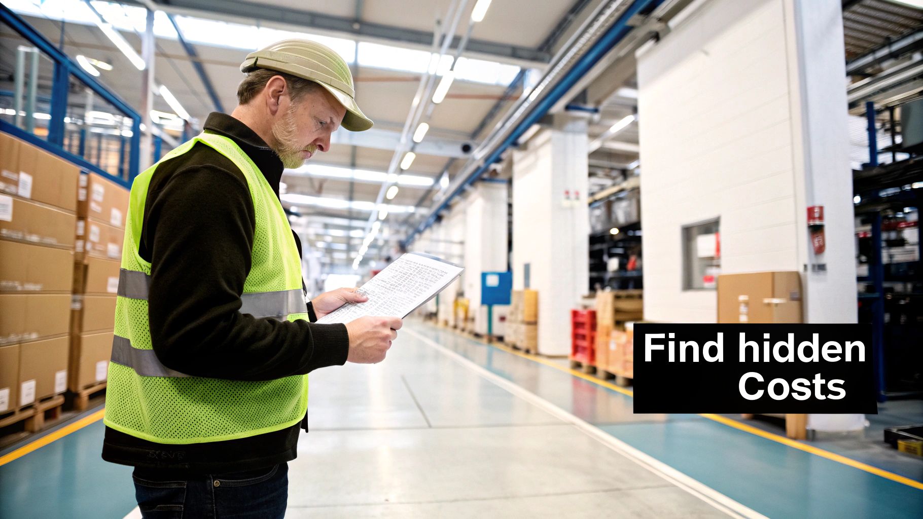 A male worker in a safety vest and hard hat reviews documents in a busy warehouse setting.