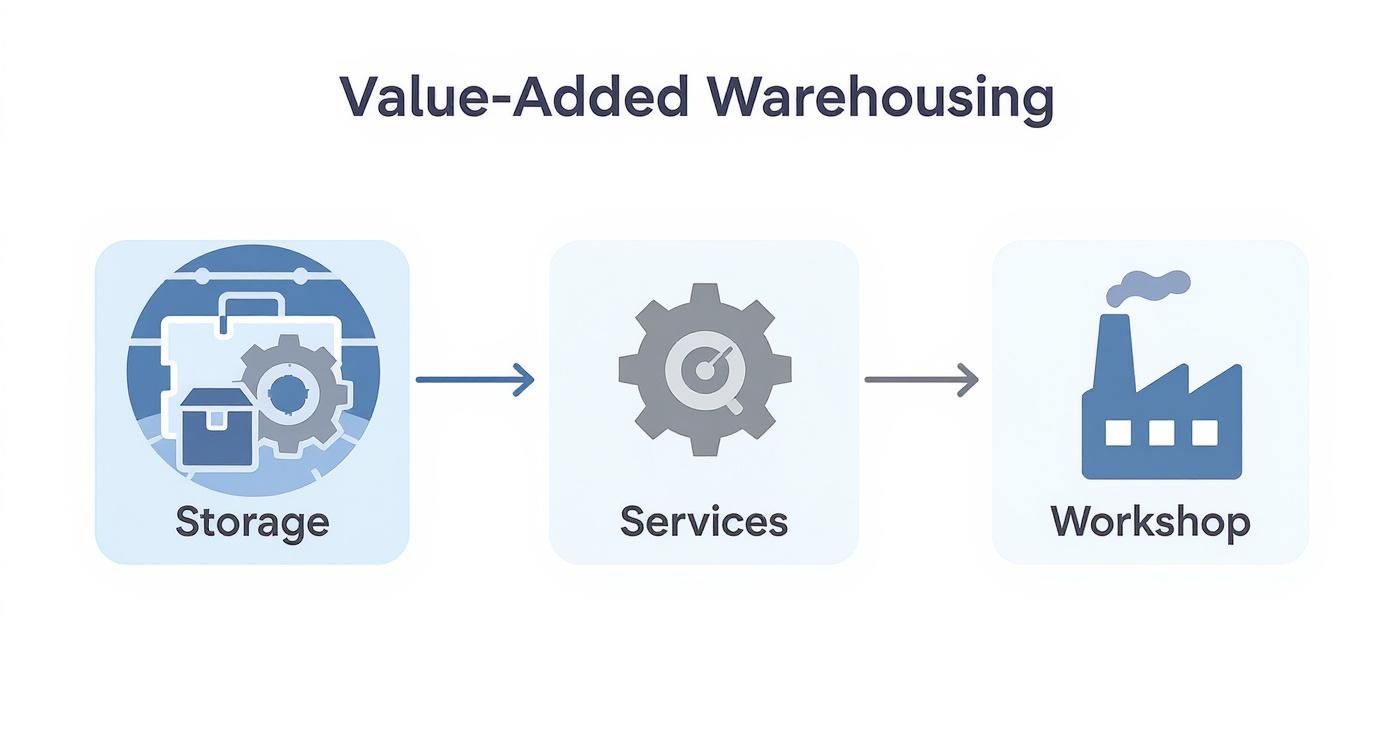 A flow diagram illustrating value-added warehousing, showing Storage, Services, and Workshop stages.