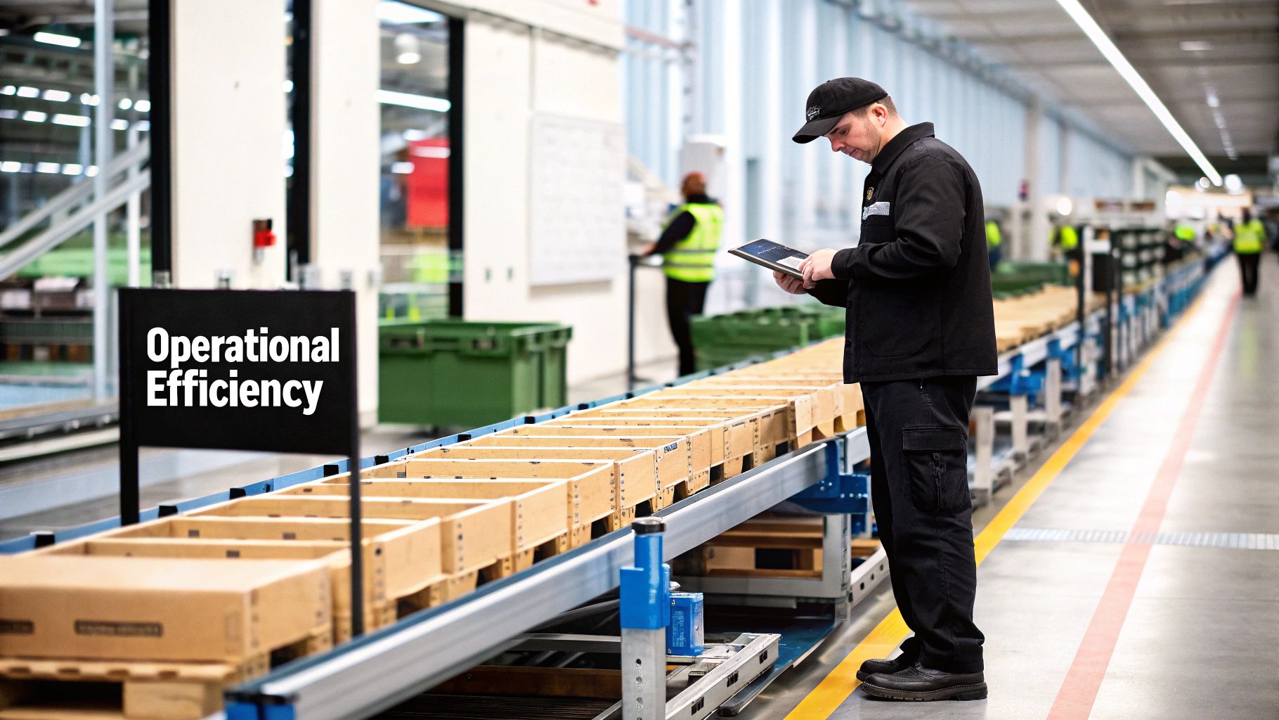A man in a warehouse inspects boxes on a conveyor belt using a tablet, highlighting operational efficiency.