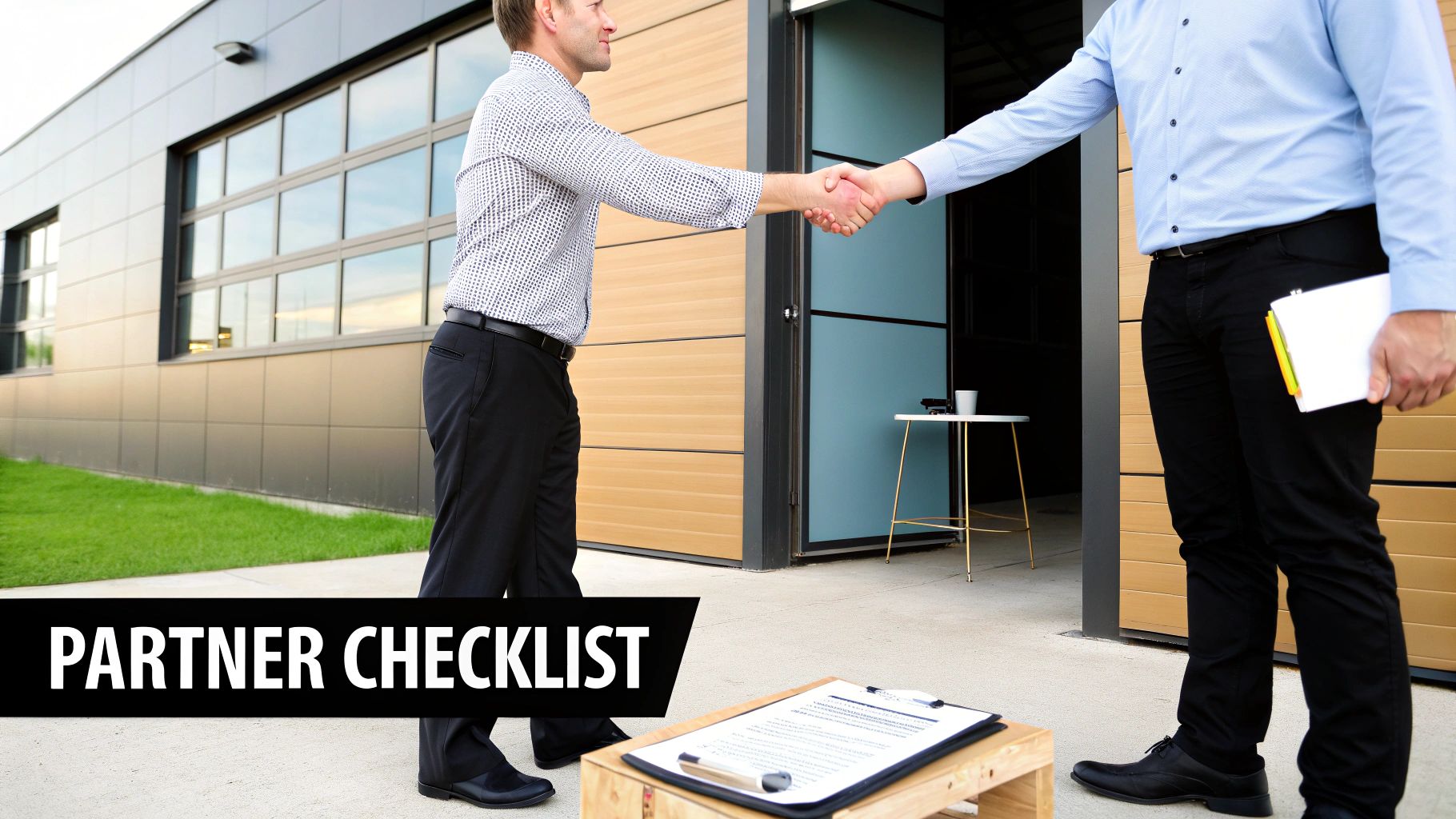 Two businessmen shaking hands outside a modern building, signifying a new partnership or agreement.